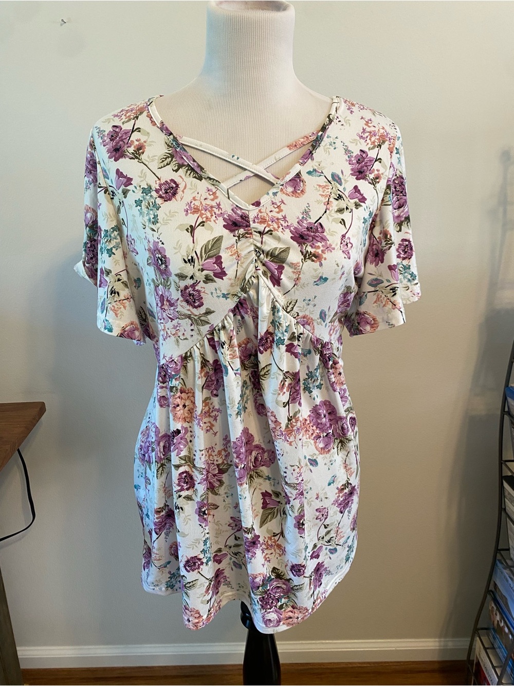 Women’s Purple Floral Babydoll Top – Criss-Cross V-Neck Short Sleeve